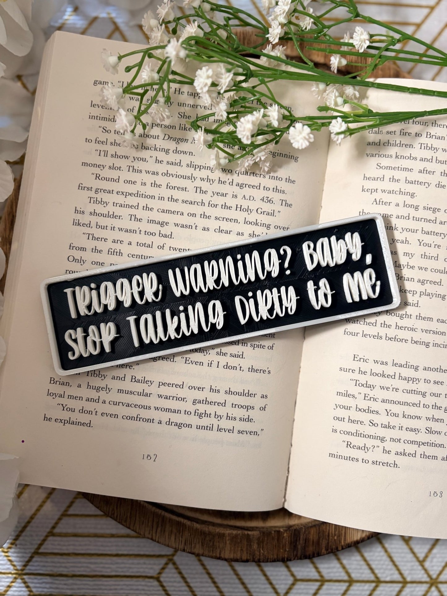 3d Printed Shelf Sign - "Trigger Warning? Baby, Stop Talking Dirty to Me" - Awfullynerdy.co