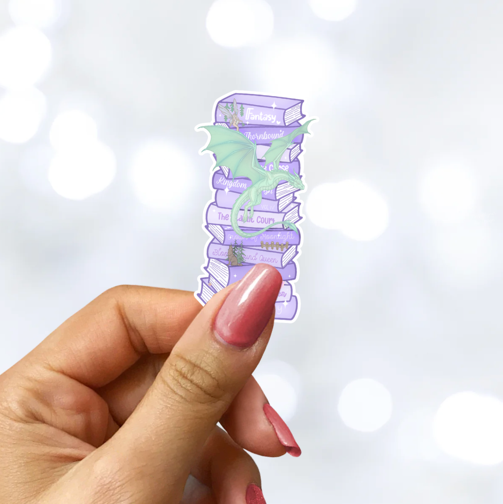 Whimsical Dragon Bookstack Sparkle Star Sticker
