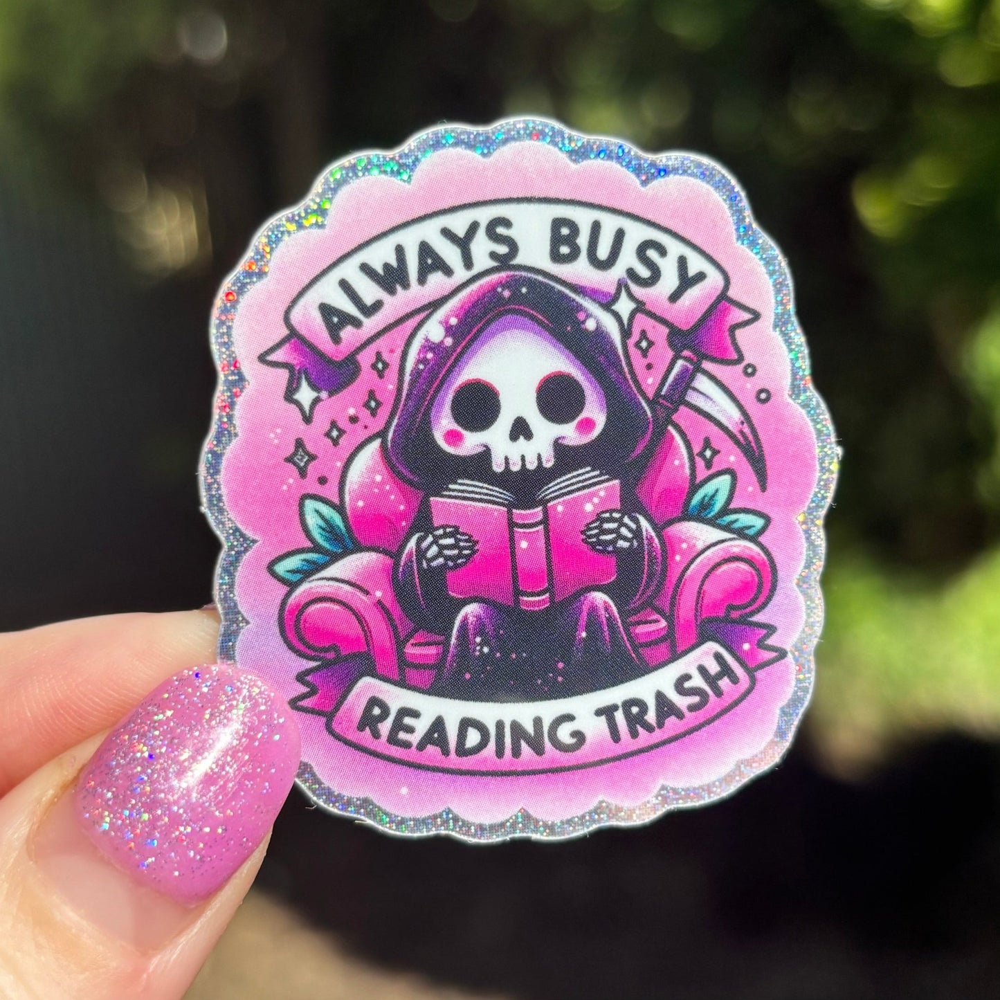 Always Busy Reading Trash Spooky Glitter Sticker - Awfullynerdy.co