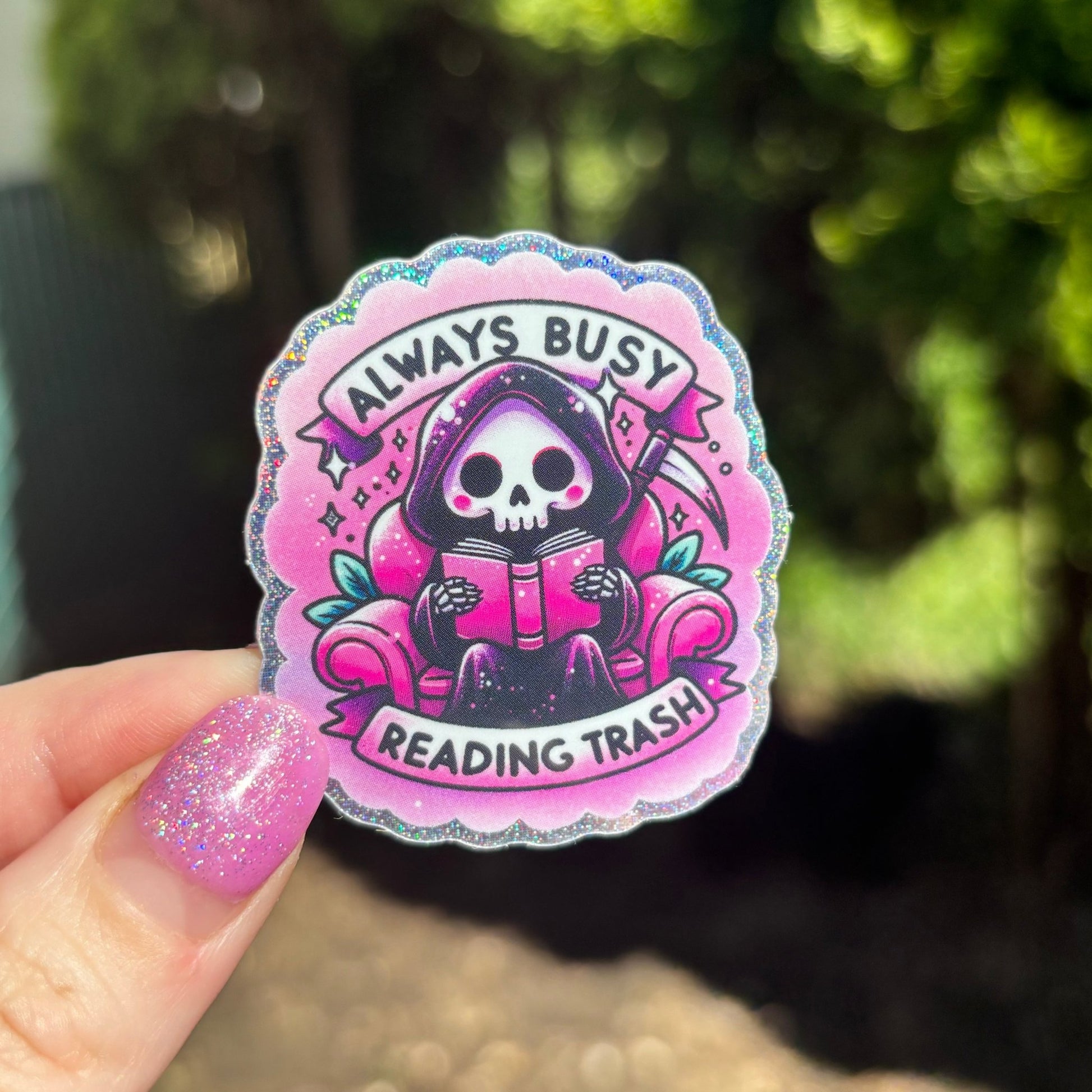Always Busy Reading Trash Spooky Glitter Sticker - Awfullynerdy.co