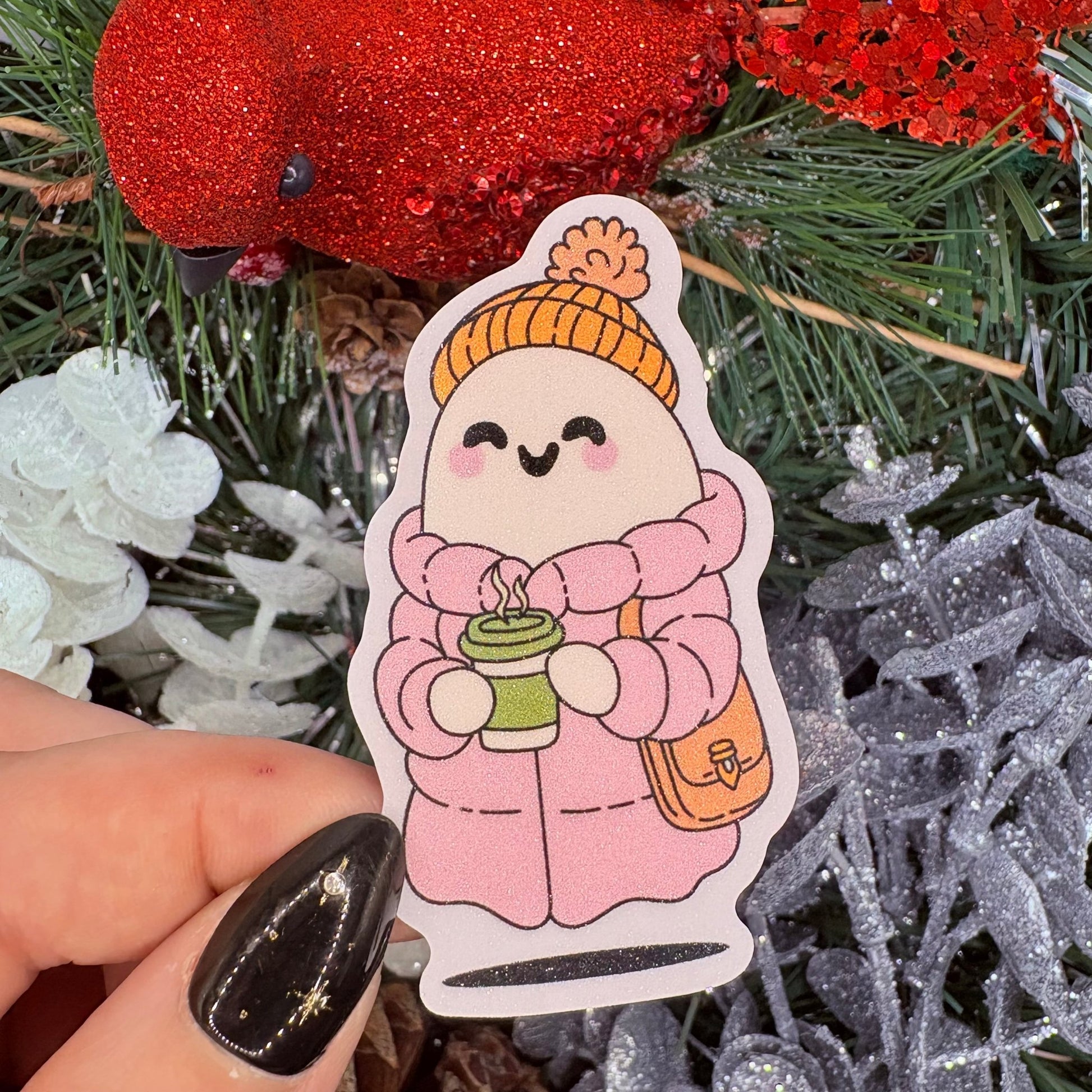 Cozy Ghost with Coffee Snow Sparkle Sticker - Awfullynerdy.co