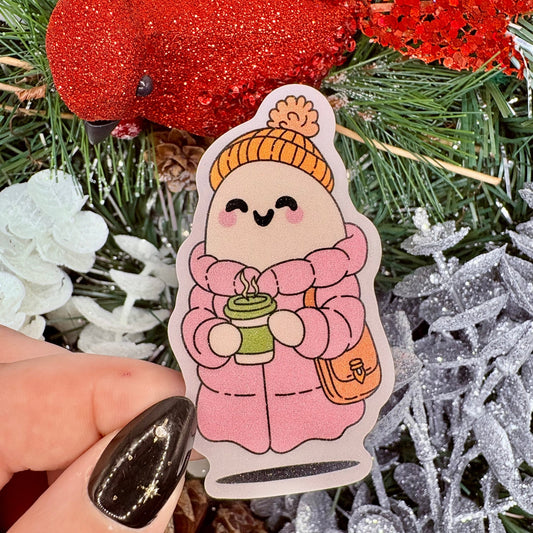 Cozy Ghost with Coffee Snow Sparkle Sticker - Awfullynerdy.co