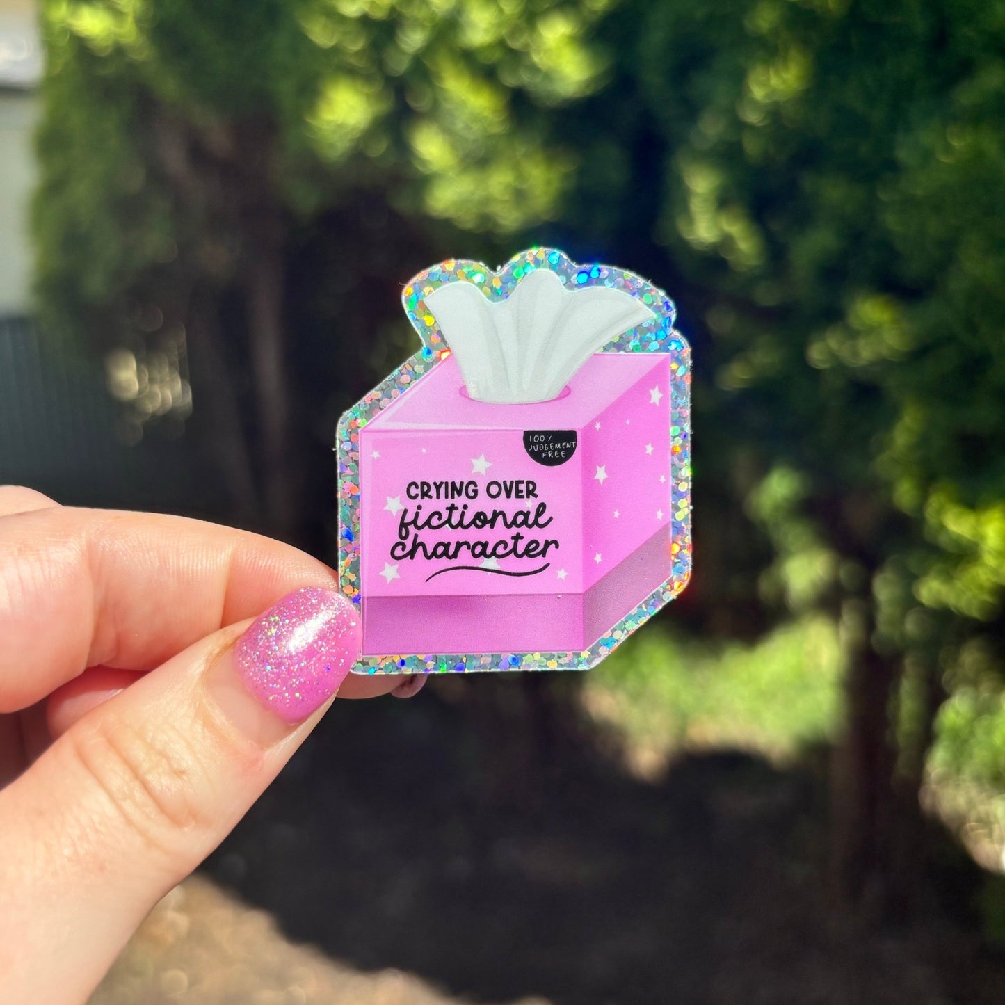 Crying Over Fictional Characters Tissue Box Glitter Sticker - Awfullynerdy.co