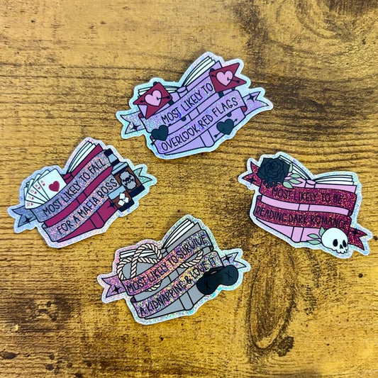 Dark Romance Tropes Books Mini Sticker Bundle - Crushed Glitter Finish - 4 Stickers - Awfullynerdy.co
