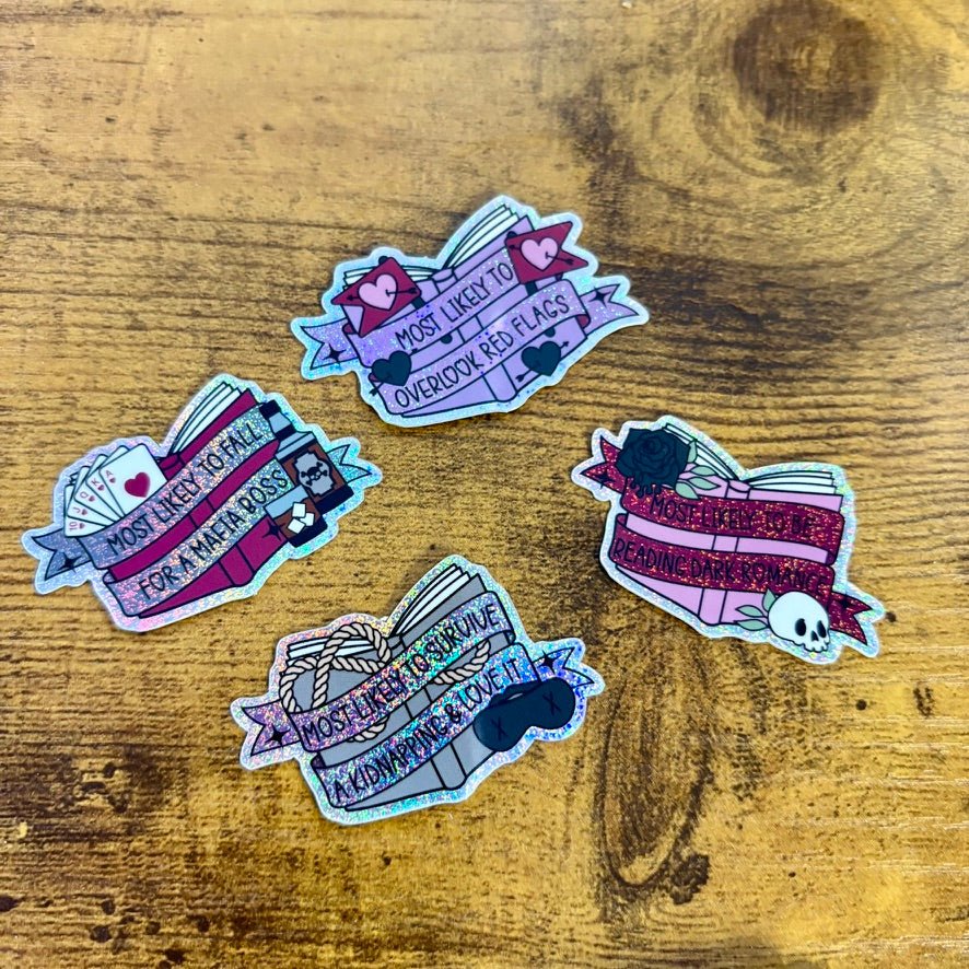 Dark Romance Tropes Books Mini Sticker Bundle - Crushed Glitter Finish - 4 Stickers - Awfullynerdy.co
