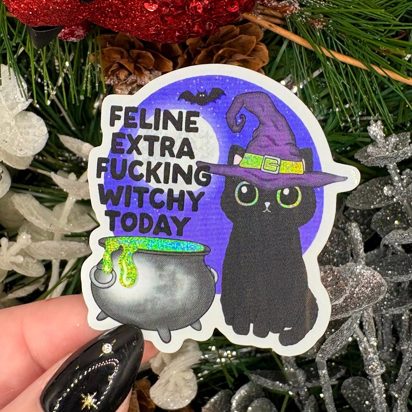 Feeling Extra Witchy Today Kitty Crushed Glitter Sticker - Awfullynerdy.co