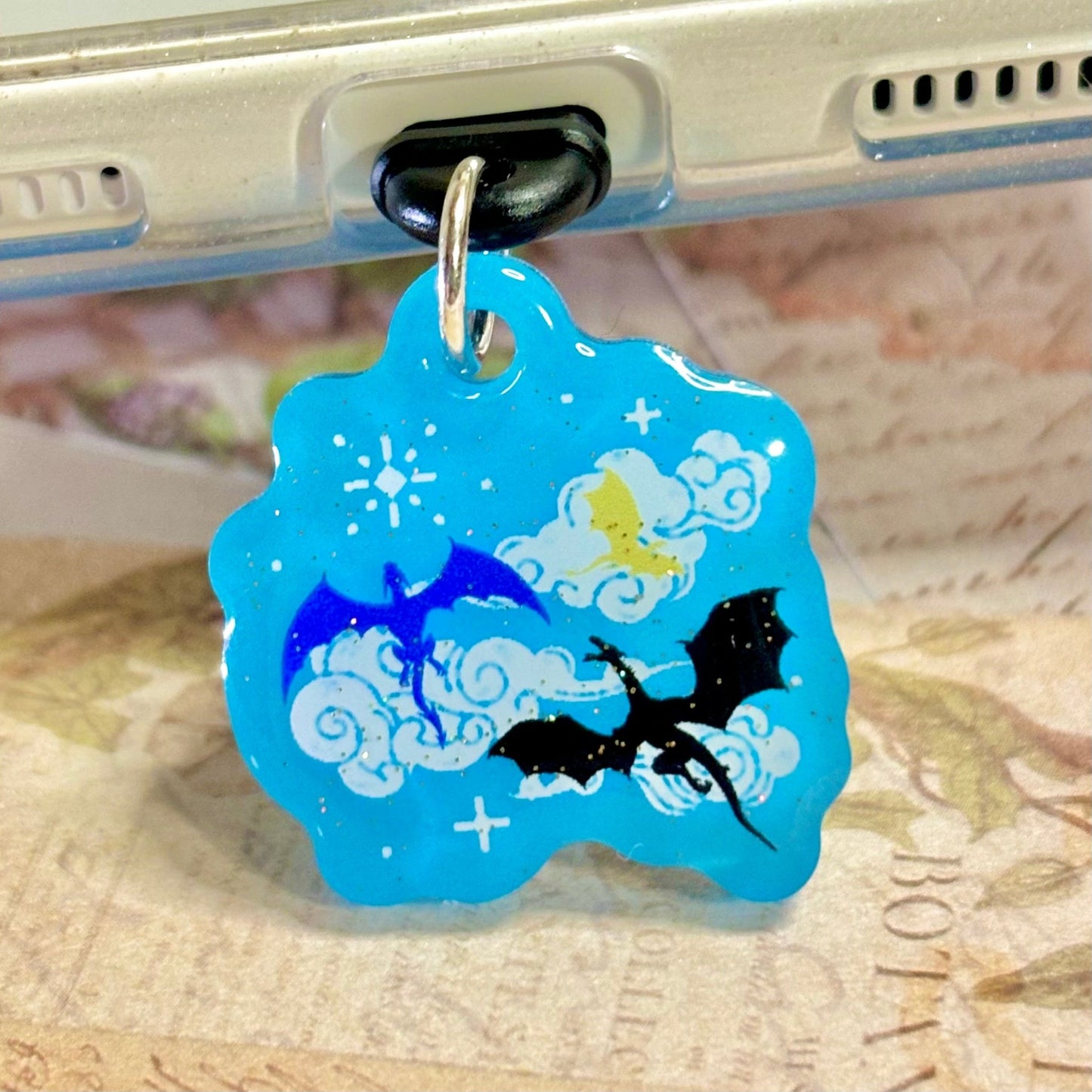 Fourth Wing Inspired Dragons Glow in the Dark Sparkle Double Sided USB - C Dust Plug Kindle Charm - Awfullynerdy.co