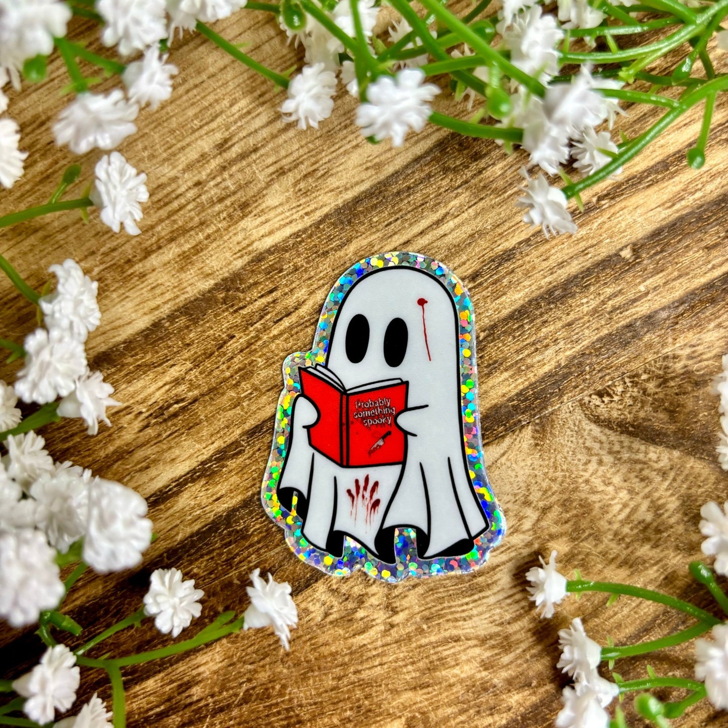 Ghosts Reading Something Spooky Glitter Sticker - Awfullynerdy.co