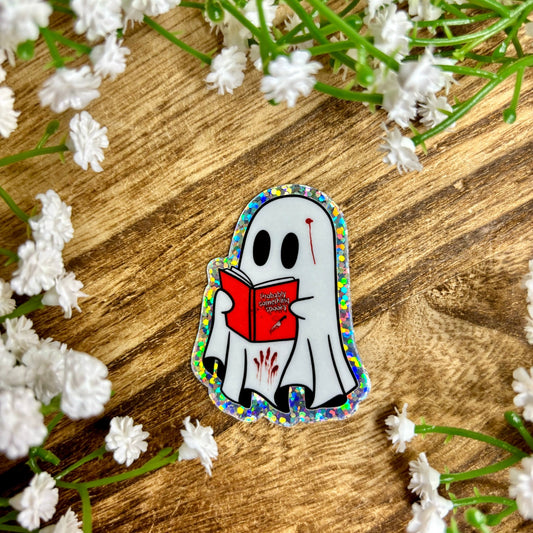 Ghosts Reading Something Spooky Glitter Sticker - Awfullynerdy.co