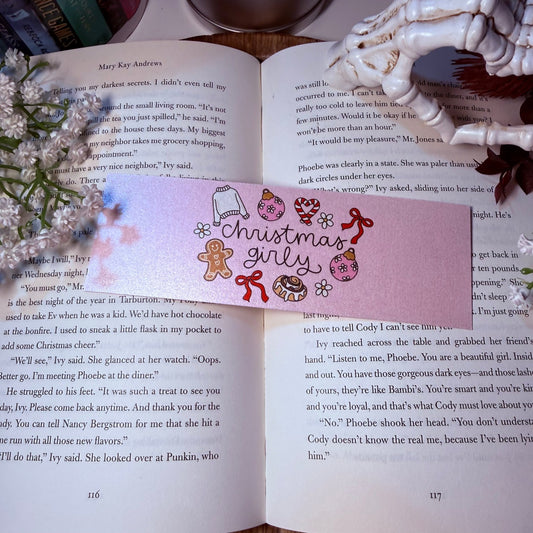 Holiday Christmas Girly Cardstock Bookmark - Pearl Matte Finish - Dual Sided - Awfullynerdy.co