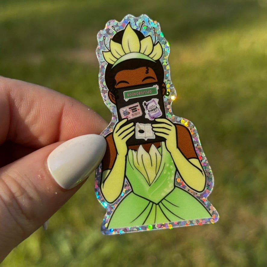 Princess and the Frog Reading a Kindle Edition Glitter Sticker - Awfullynerdy.co