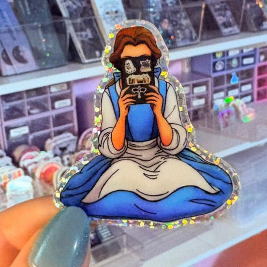 Princess Reading a Kindle Fourth Wing Stickers Edition Glitter Sticker - Awfullynerdy.co