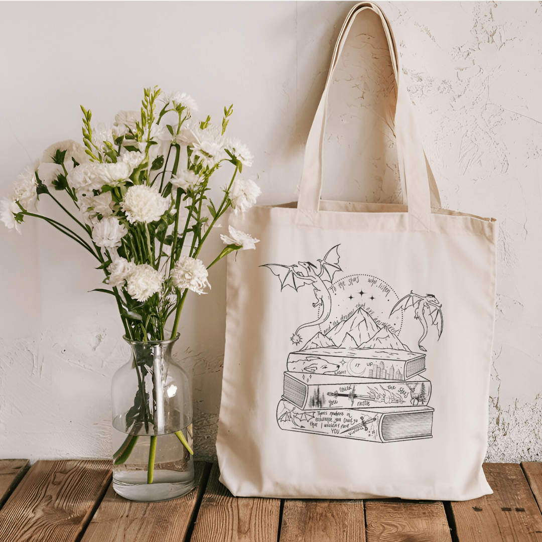 Romantasy Books and Dragons Sublimated Canvas Tote Bag - Awfullynerdy.co
