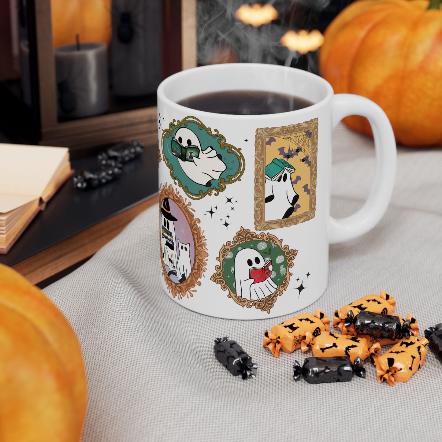 SJM Spooky Season Reading Ghosts Ceramic Mug - Awfullynerdy.co