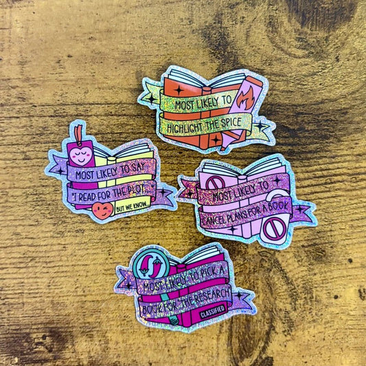 Smut Lovers Tropes Books Mini Sticker Bundle - Crushed Glitter Finish - 4 Stickers - Awfullynerdy.co