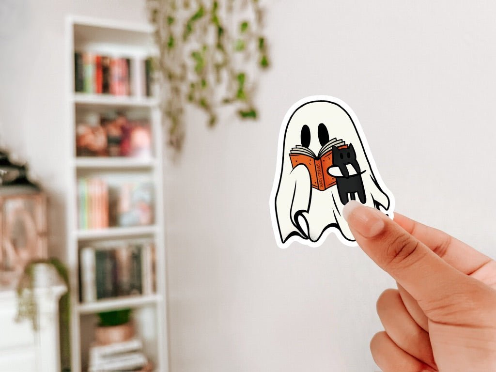 Spooky Ghost Reading with Kitty Sticker - Awfullynerdy.co