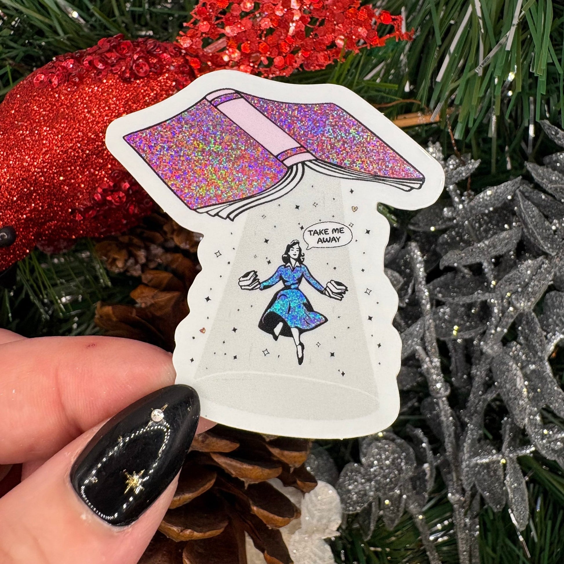 Take Me Away Open Book Crushed Glitter Sticker - Awfullynerdy.co