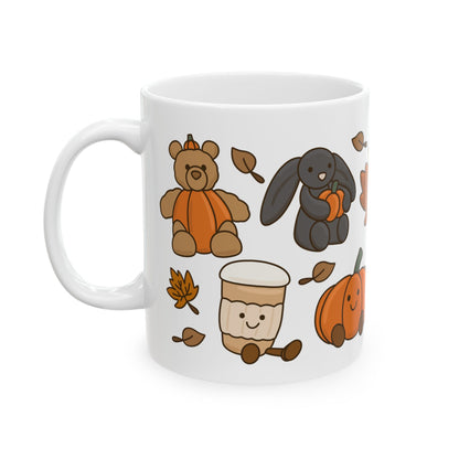 Autumn Friends Ceramic Mug — Cute Pumpkin, Maple Leaf & Cozy Teddy Fall Coffee Cup (11oz/15oz)