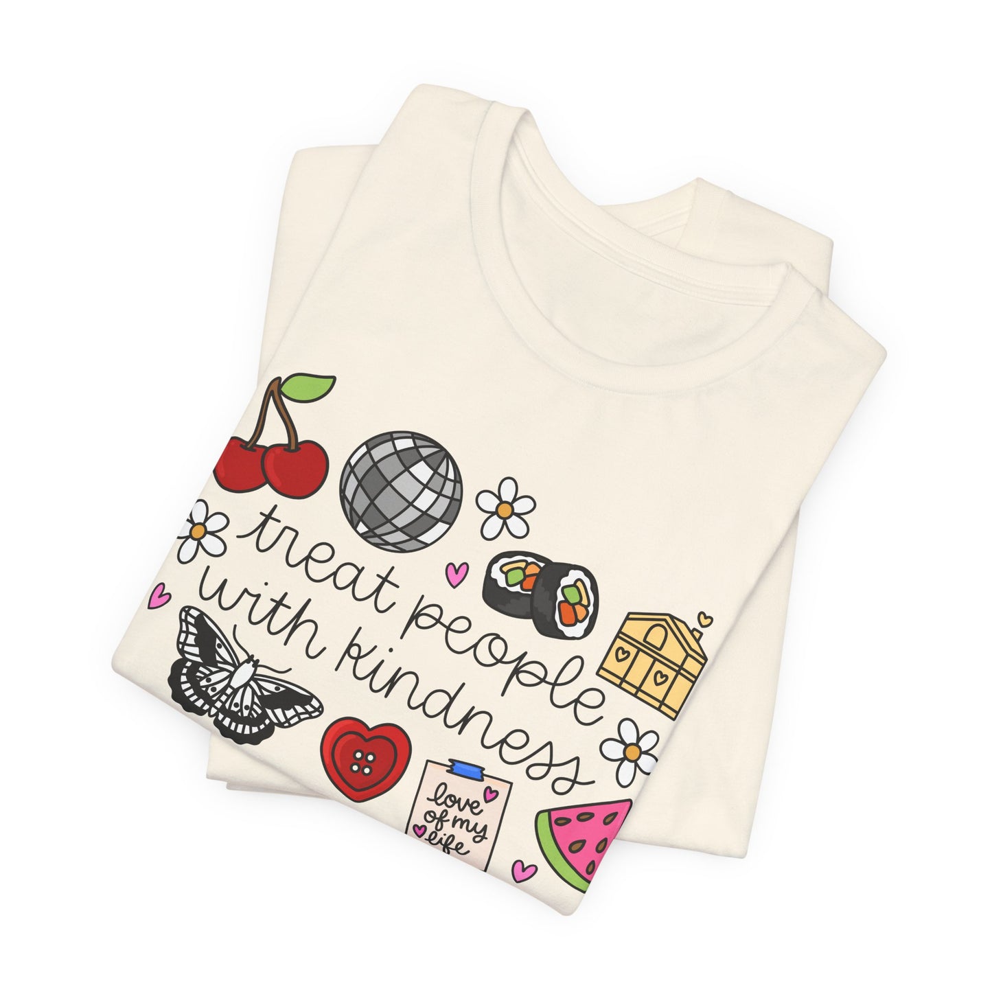 Treat People With Kindness Graphic Tee — Cute Doodle Icons T-Shirt