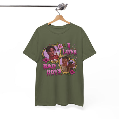 Vintage Heart Collage Tee — "I Love Bad Boys" Scream Inspired Graphic T-Shirt