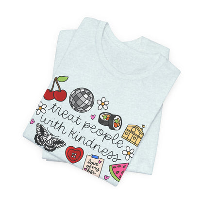 Treat People With Kindness Graphic Tee — Cute Doodle Icons T-Shirt