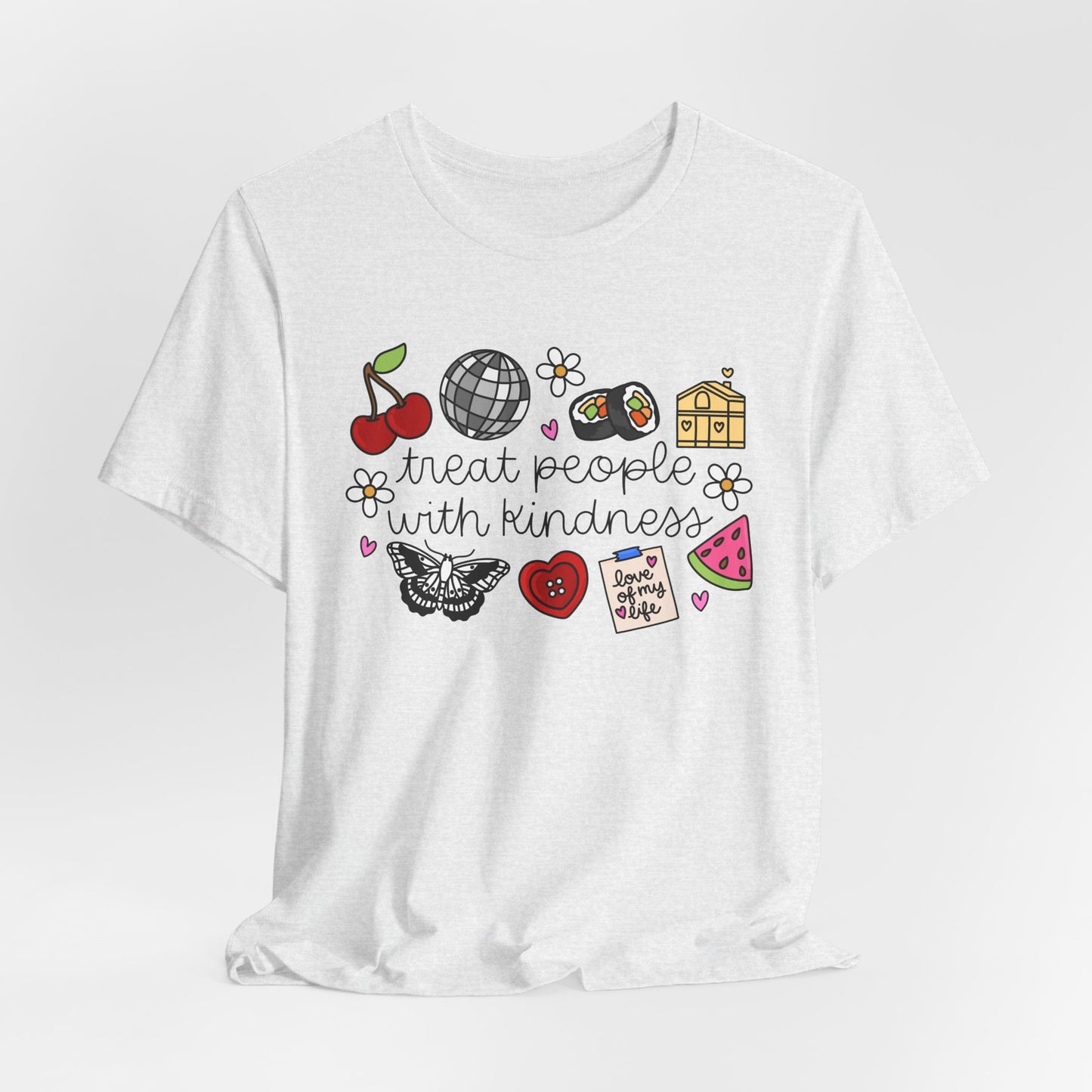 Treat People With Kindness Graphic Tee — Cute Doodle Icons T-Shirt