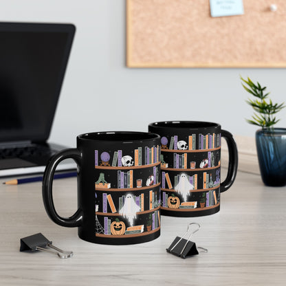 Halloween Bookshelf Black Mug — Spooky Witchy Coffee Cup with Ghosts, Cats & Pumpkins (11oz/15oz)