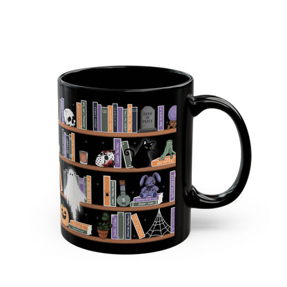 Halloween Bookshelf Black Mug — Spooky Witchy Coffee Cup with Ghosts, Cats & Pumpkins (11oz/15oz)