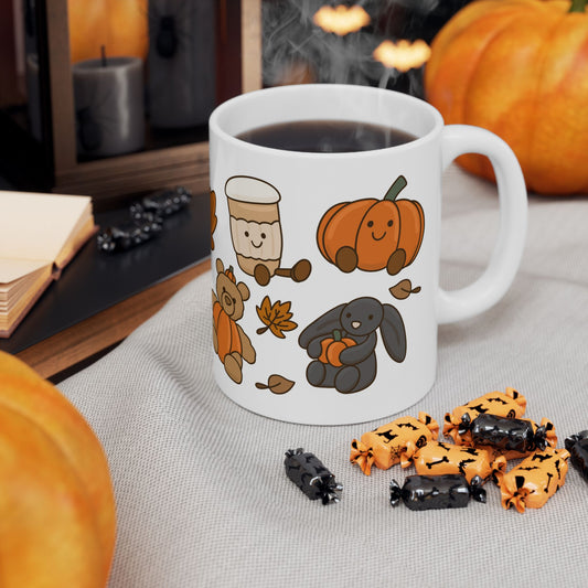 Autumn Friends Ceramic Mug — Cute Pumpkin, Maple Leaf & Cozy Teddy Fall Coffee Cup (11oz/15oz)