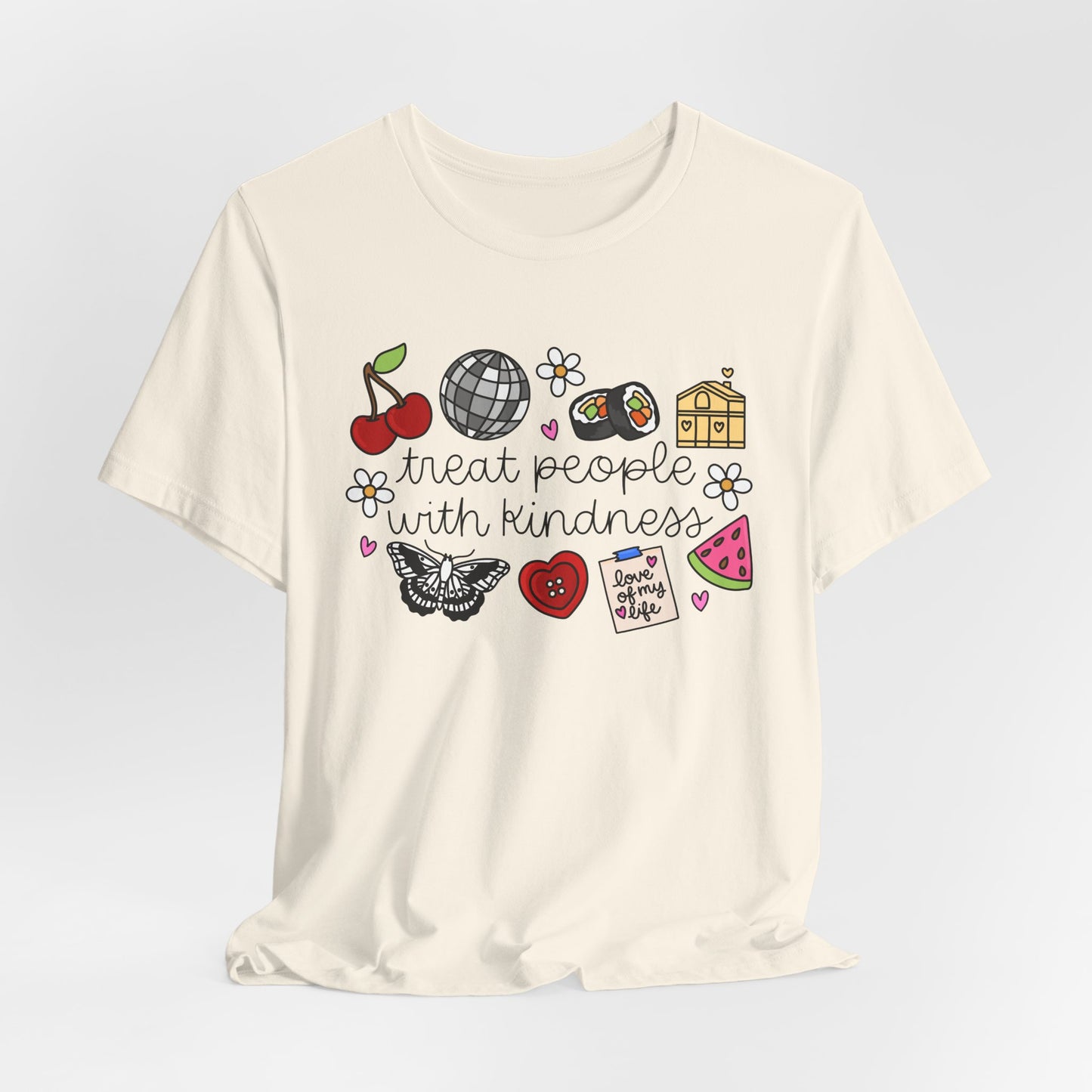 Treat People With Kindness Graphic Tee — Cute Doodle Icons T-Shirt