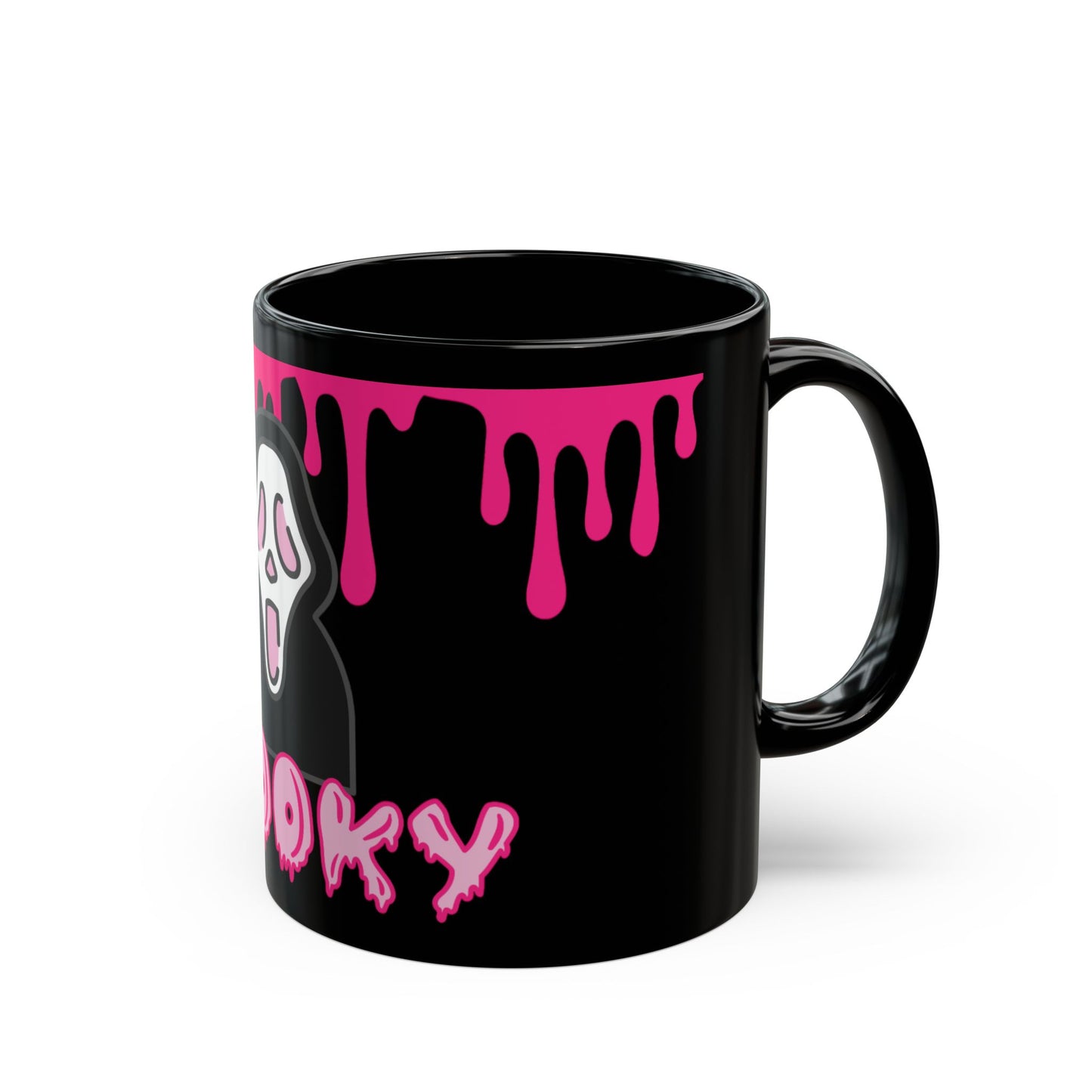 Spooky Pink Drip Black Mug — Halloween Ghost Coffee Cup (11oz & 15oz)