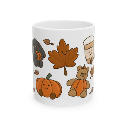 Autumn Friends Ceramic Mug — Cute Pumpkin, Maple Leaf & Cozy Teddy Fall Coffee Cup (11oz/15oz)