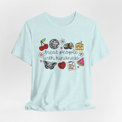 Treat People With Kindness Graphic Tee — Cute Doodle Icons T-Shirt