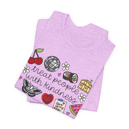 Treat People With Kindness Graphic Tee — Cute Doodle Icons T-Shirt