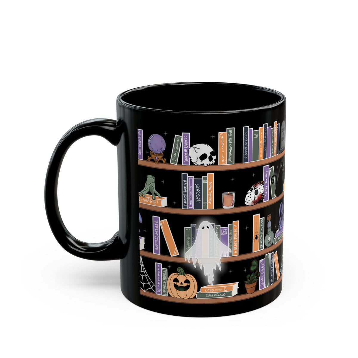 Halloween Bookshelf Black Mug — Spooky Witchy Coffee Cup with Ghosts, Cats & Pumpkins (11oz/15oz)