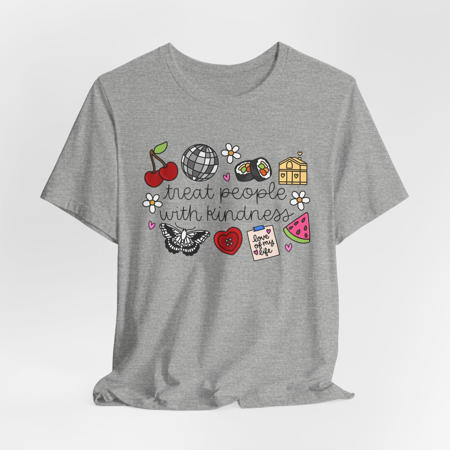 Treat People With Kindness Graphic Tee — Cute Doodle Icons T-Shirt