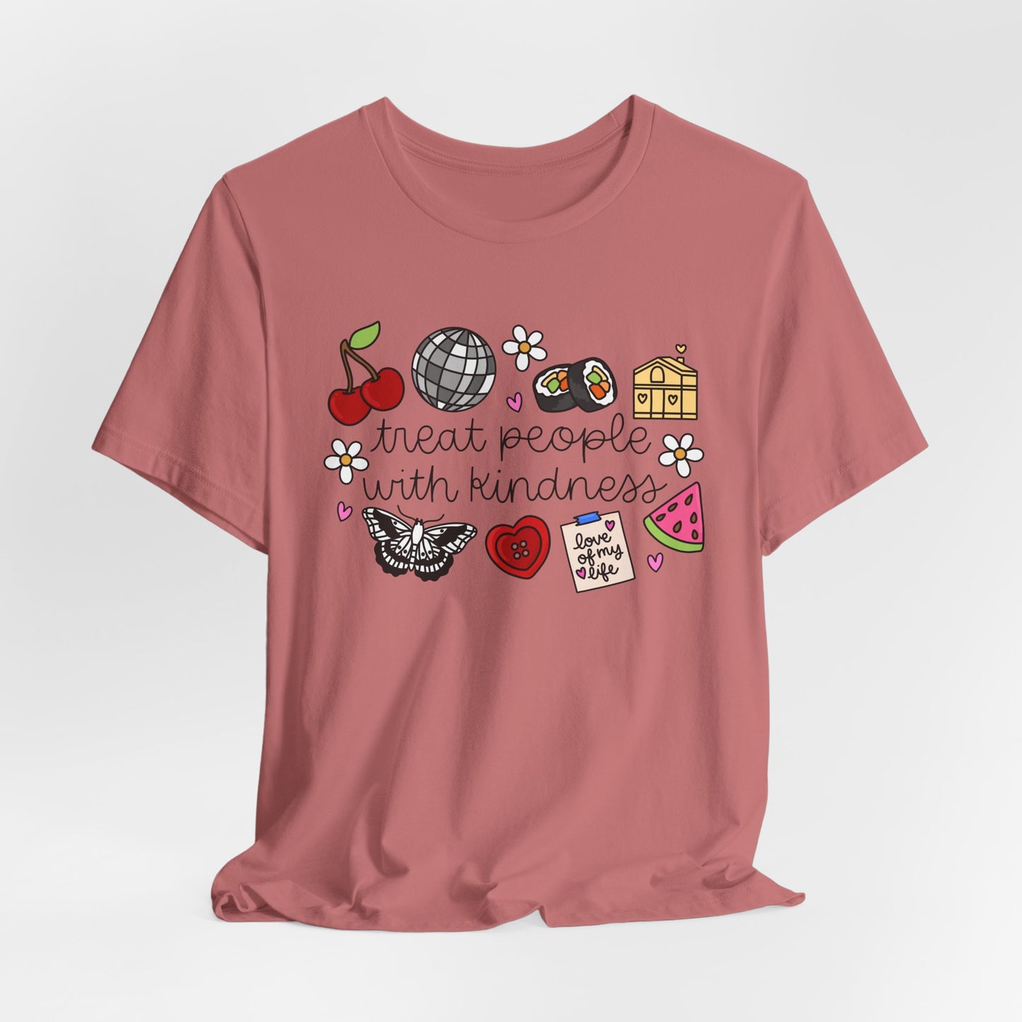 Treat People With Kindness Graphic Tee — Cute Doodle Icons T-Shirt