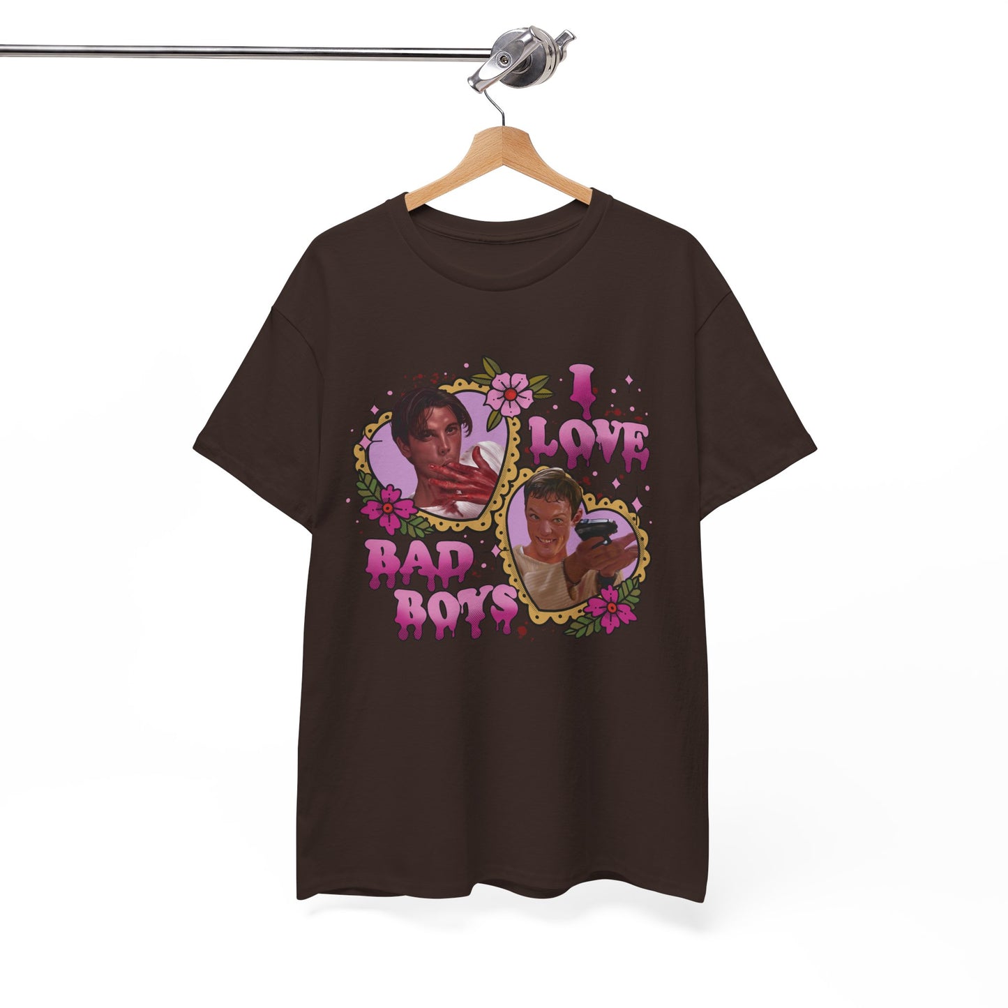 Vintage Heart Collage Tee — "I Love Bad Boys" Scream Inspired Graphic T-Shirt
