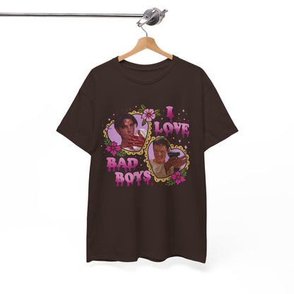 Vintage Heart Collage Tee — "I Love Bad Boys" Scream Inspired Graphic T-Shirt