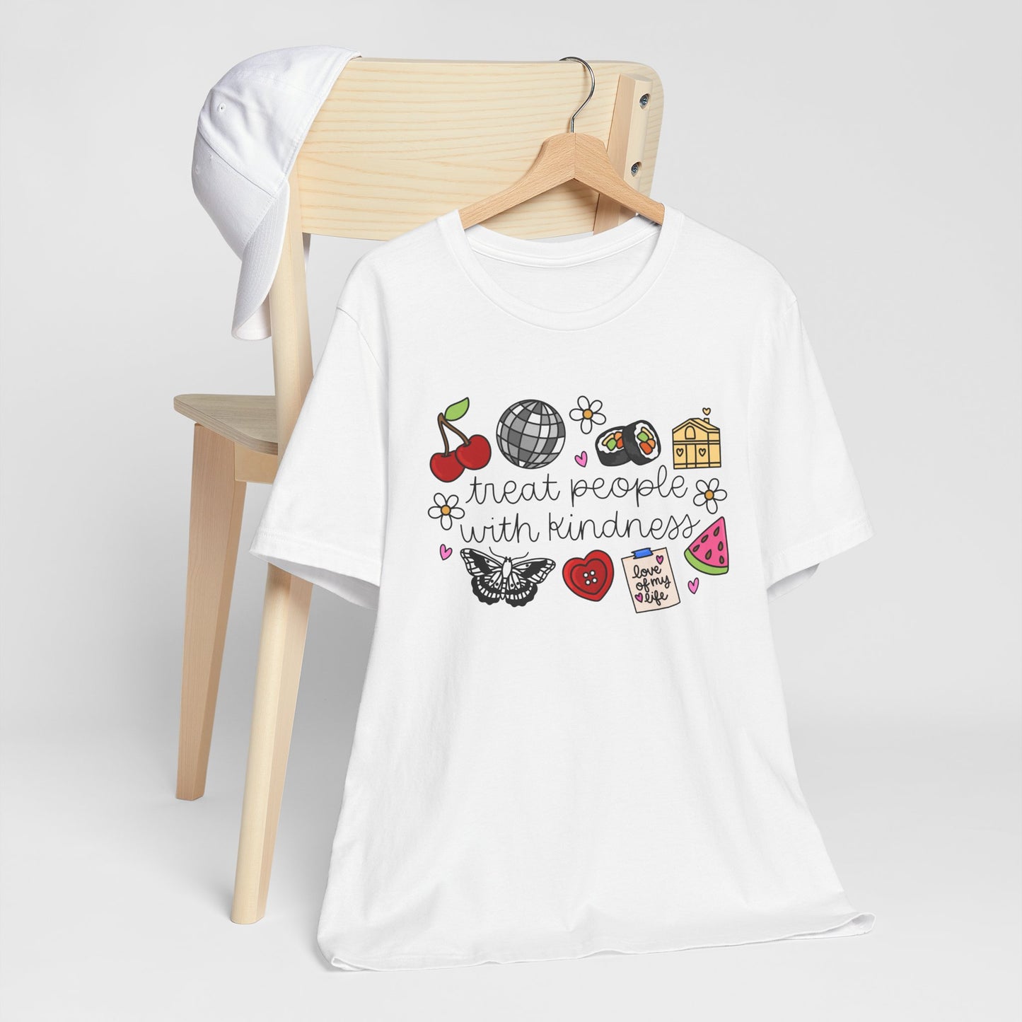 Treat People With Kindness Graphic Tee — Cute Doodle Icons T-Shirt