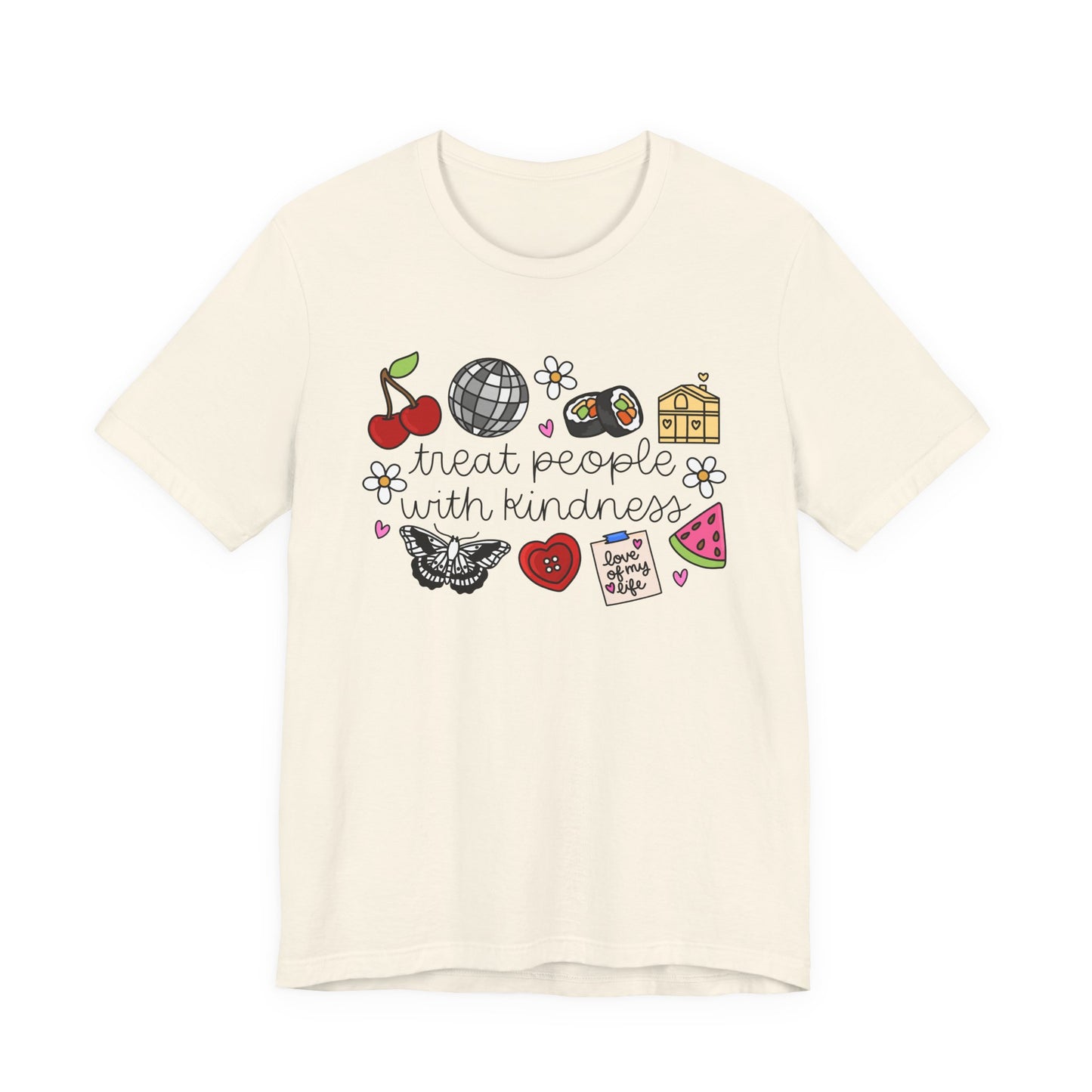Treat People With Kindness Graphic Tee — Cute Doodle Icons T-Shirt