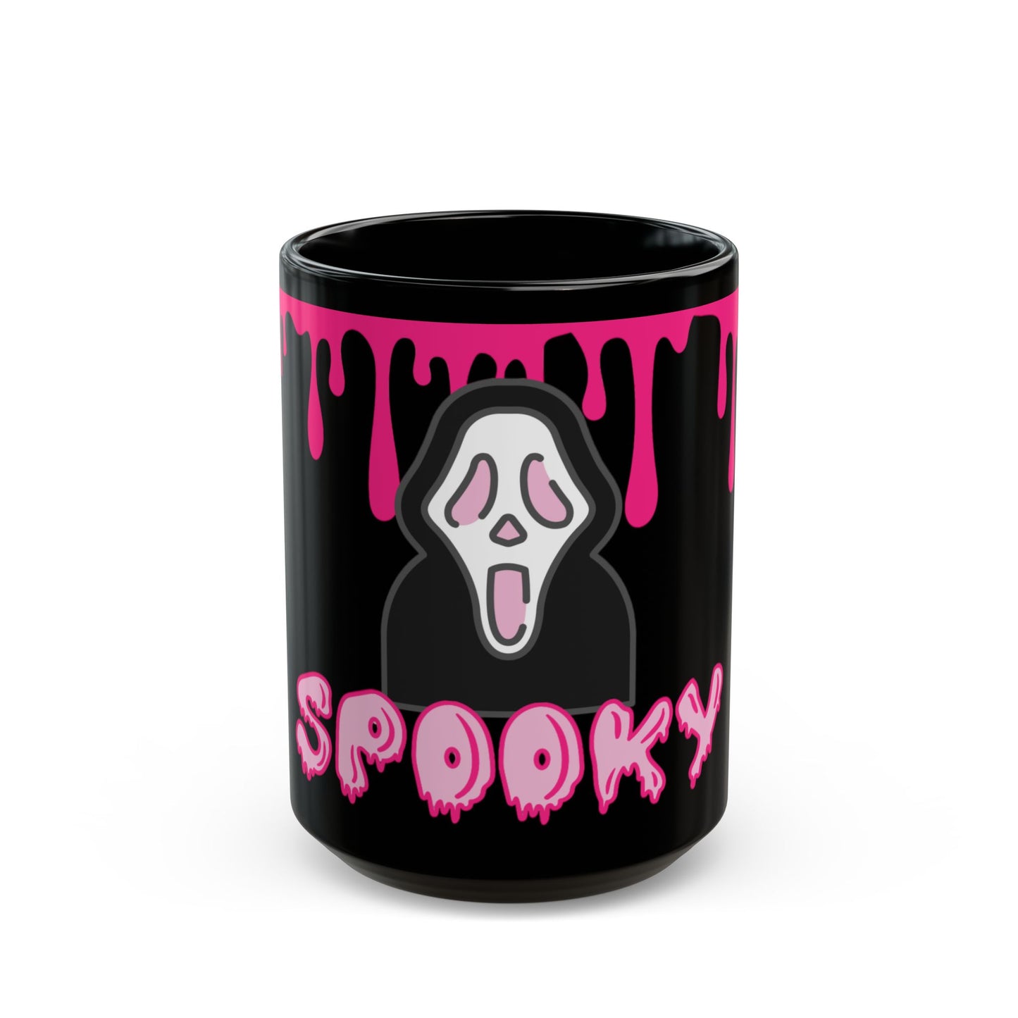 Spooky Pink Drip Black Mug — Halloween Ghost Coffee Cup (11oz & 15oz)