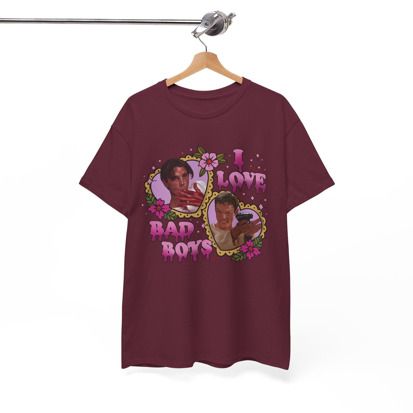 Vintage Heart Collage Tee — "I Love Bad Boys" Scream Inspired Graphic T-Shirt