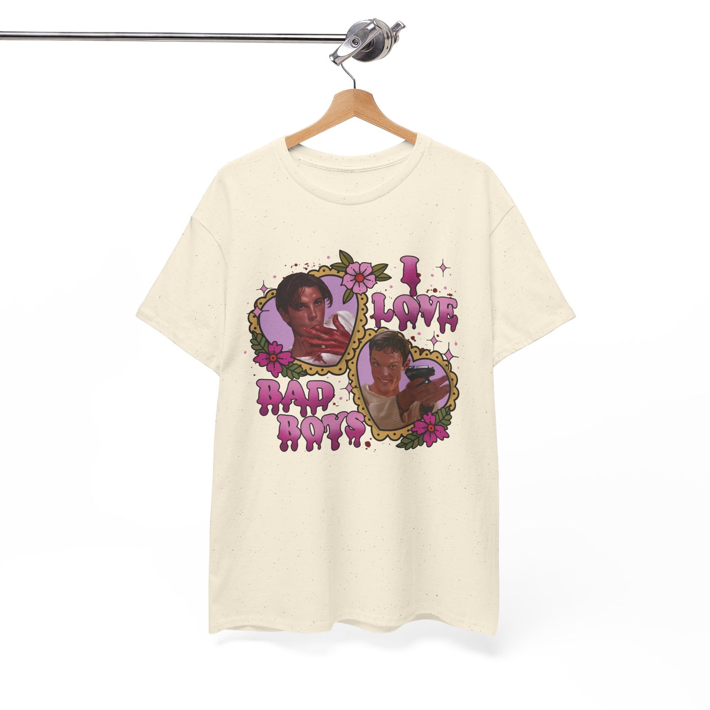 Vintage Heart Collage Tee — "I Love Bad Boys" Scream Inspired Graphic T-Shirt