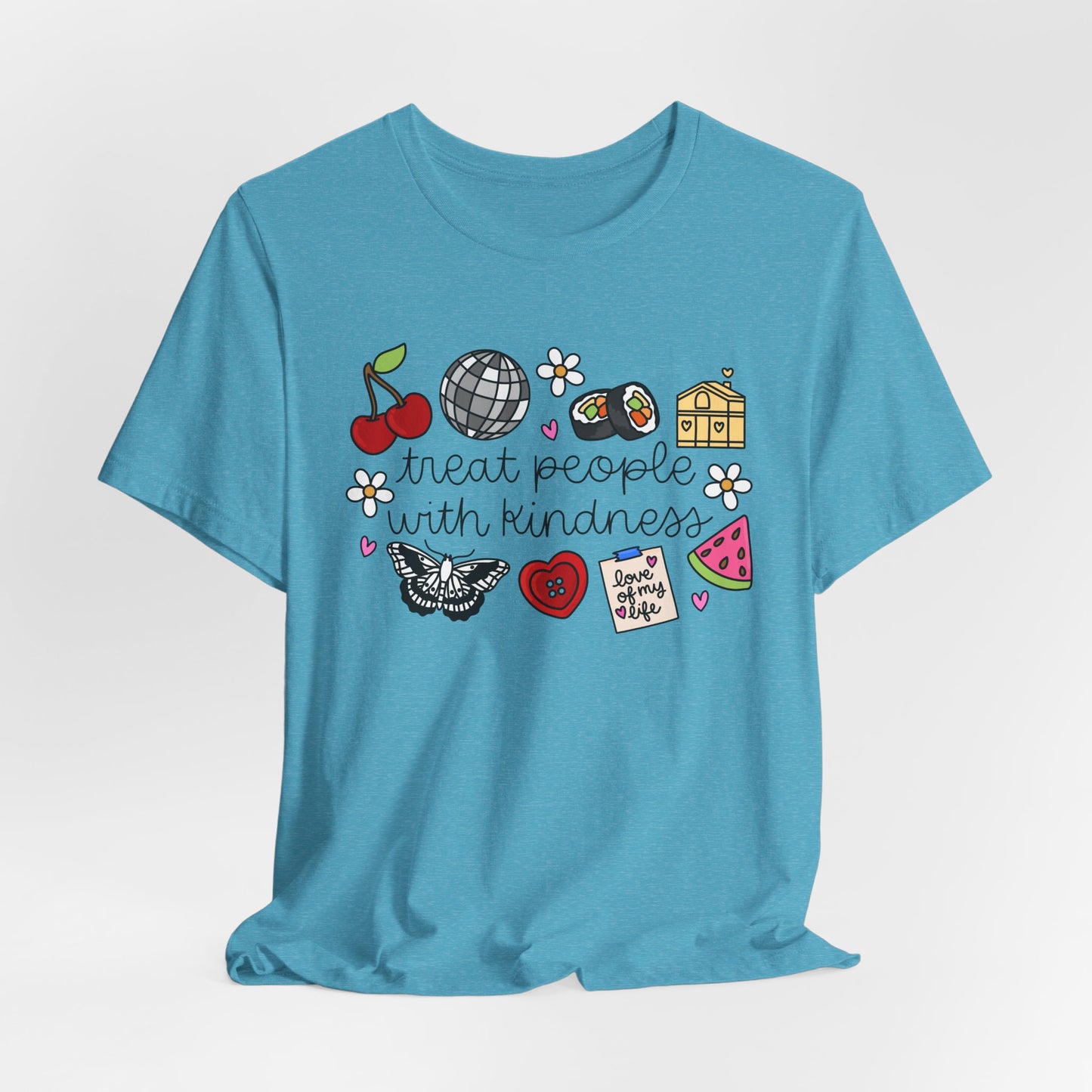Treat People With Kindness Graphic Tee — Cute Doodle Icons T-Shirt