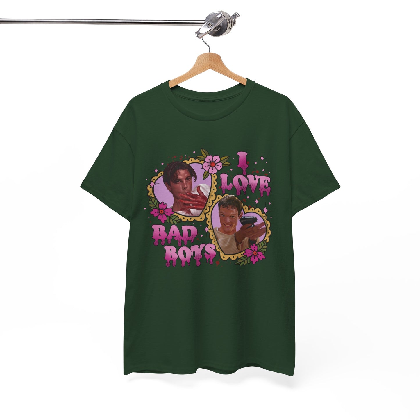 Vintage Heart Collage Tee — "I Love Bad Boys" Scream Inspired Graphic T-Shirt