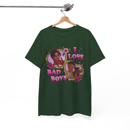 Vintage Heart Collage Tee — "I Love Bad Boys" Scream Inspired Graphic T-Shirt