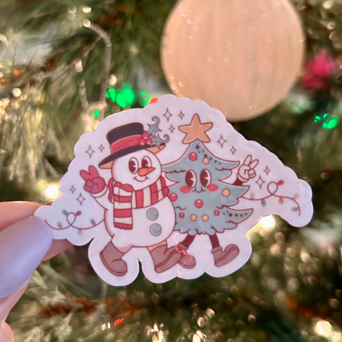 Holiday Tree and Snowman Retro Sticker