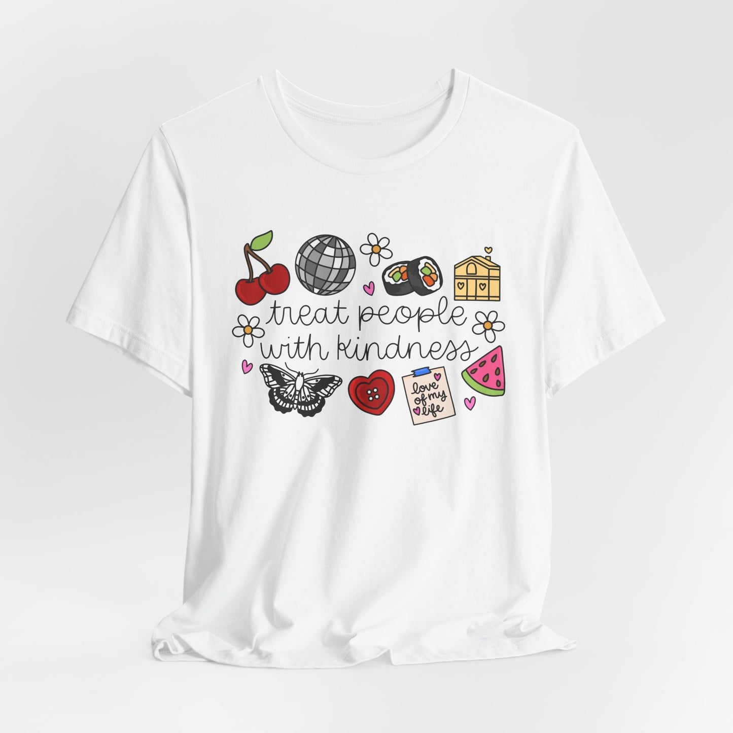 Treat People With Kindness Graphic Tee — Cute Doodle Icons T-Shirt