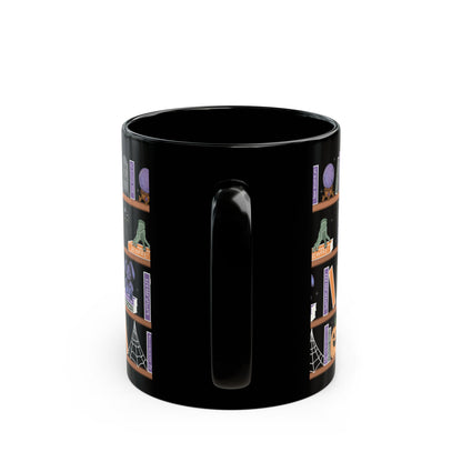 Halloween Bookshelf Black Mug — Spooky Witchy Coffee Cup with Ghosts, Cats & Pumpkins (11oz/15oz)